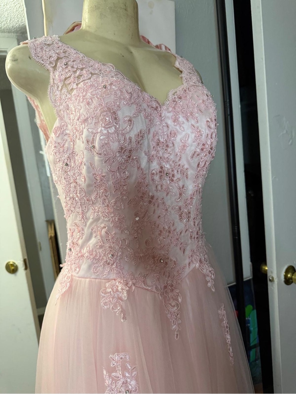 Blush Pink Lace Appliqué Wedding Dress